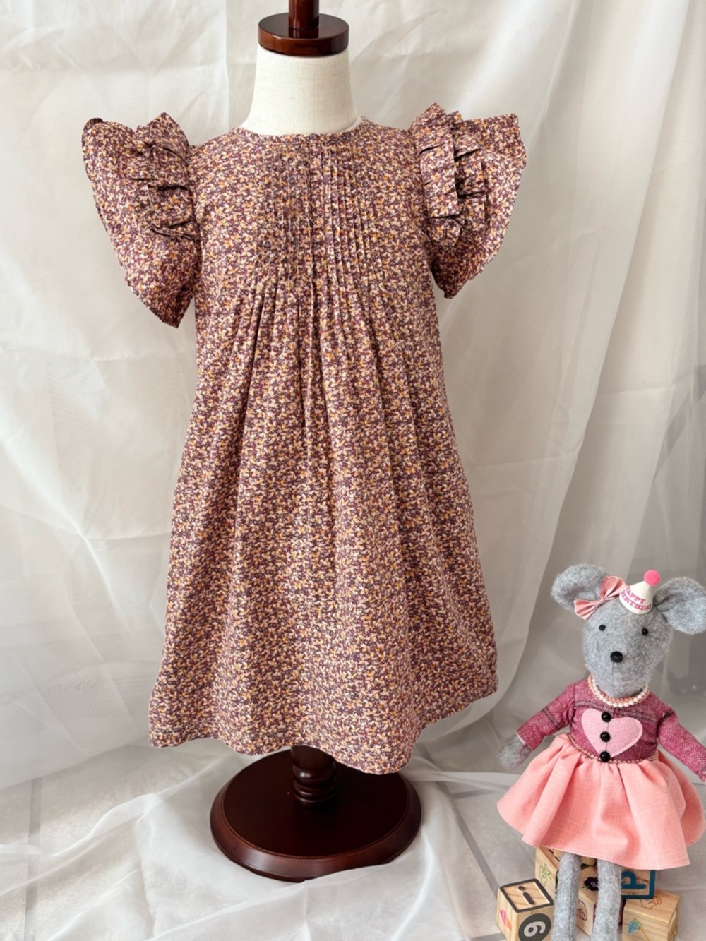 Girls Floral Pink Puff-Sleeve Dress